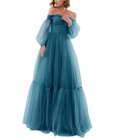 Off Shoulder Tulle Prom Dresses Puffy Sleeve Long Sweetheart A-Line Formal Evening Party Gowns Peacock $38.22 Dresses