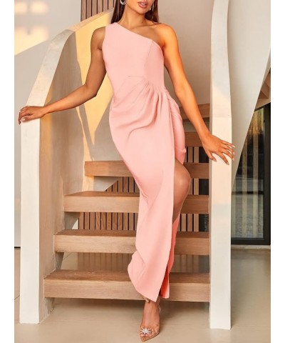 Women's 2024 One Shoulder Sleeveless Cocktail Dress Sexy High Slit Ruched Bodycon Wedding Guest Maxi Dresses Pink $22.12 Dresses