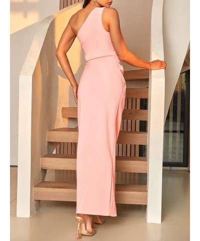 Women's 2024 One Shoulder Sleeveless Cocktail Dress Sexy High Slit Ruched Bodycon Wedding Guest Maxi Dresses Pink $22.12 Dresses