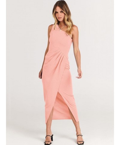 Women's 2024 One Shoulder Sleeveless Cocktail Dress Sexy High Slit Ruched Bodycon Wedding Guest Maxi Dresses Pink $22.12 Dresses