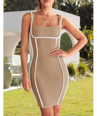 Women's 2024 Summer Square Neck Bodycon Dresses Sexy Sleeveless Color Block Party Club Tank Mini Dress Khaki $18.89 Dresses