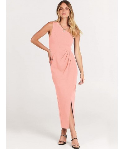 Women's 2024 One Shoulder Sleeveless Cocktail Dress Sexy High Slit Ruched Bodycon Wedding Guest Maxi Dresses Pink $22.12 Dresses