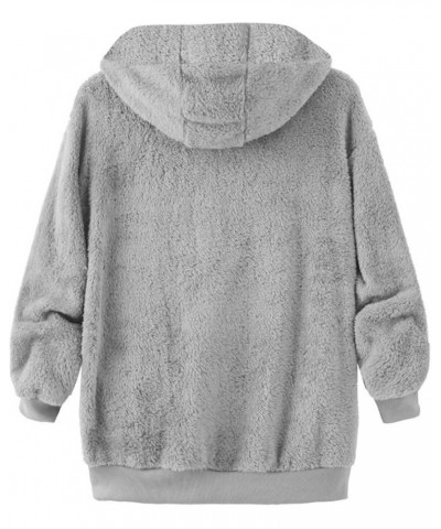 Womens Fuzzy Fleece Sherpa Jacket Color Block Patchwork Hoodies Fluffy Zippered Sweatshirt Shaggy Teddy Coat 02 Gray - Sherpa...