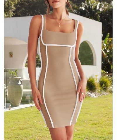 Women's 2024 Summer Square Neck Bodycon Dresses Sexy Sleeveless Color Block Party Club Tank Mini Dress Khaki $18.89 Dresses