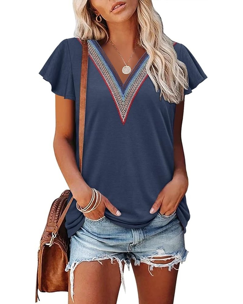 Short Sleeve Lace V Neck Shirts for Women Floral Print Tunic Tops Blouses 2-a-navy $10.00 Tops