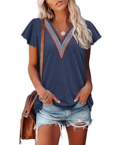 Short Sleeve Lace V Neck Shirts for Women Floral Print Tunic Tops Blouses 2-a-navy $10.00 Tops