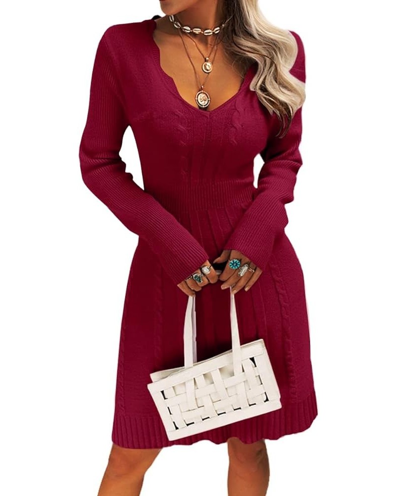 Sweater Dress for Women Sexy V Neck Cable Knit Dress Long Sleeve Pullover Bodycon Midi Dresses Burgundy $16.80 Sweaters