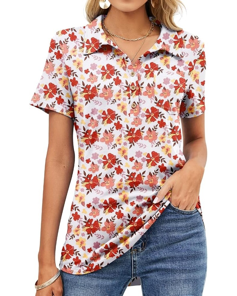 Womens Short Sleeve Polo T Shirts V Neck Business Casual Collared Button Down Tunics Office Work Tops with Pocket Floral Whit...