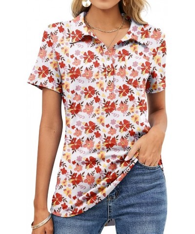 Womens Short Sleeve Polo T Shirts V Neck Business Casual Collared Button Down Tunics Office Work Tops with Pocket Floral Whit...