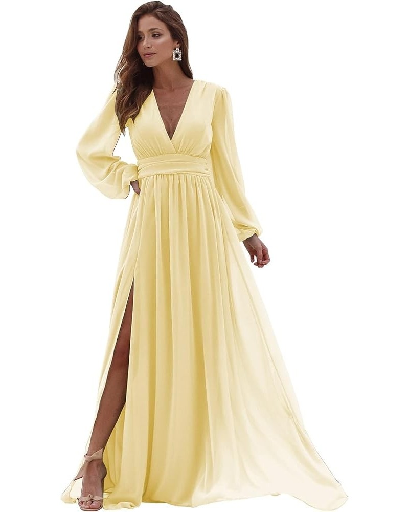 Women's V Neck Bridesmaid Dresses with Long Sleeves Chiffon A Line Formal Dress with Slit 2024 NO093 Yellow $31.89 Dresses