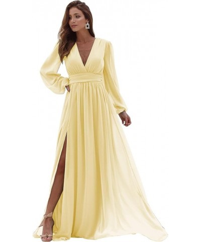 Women's V Neck Bridesmaid Dresses with Long Sleeves Chiffon A Line Formal Dress with Slit 2024 NO093 Yellow $31.89 Dresses