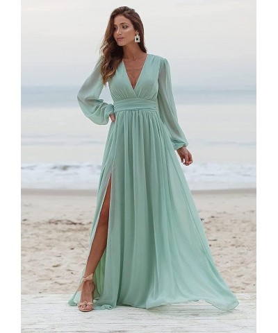 Women's V Neck Bridesmaid Dresses with Long Sleeves Chiffon A Line Formal Dress with Slit 2024 NO093 Yellow $31.89 Dresses