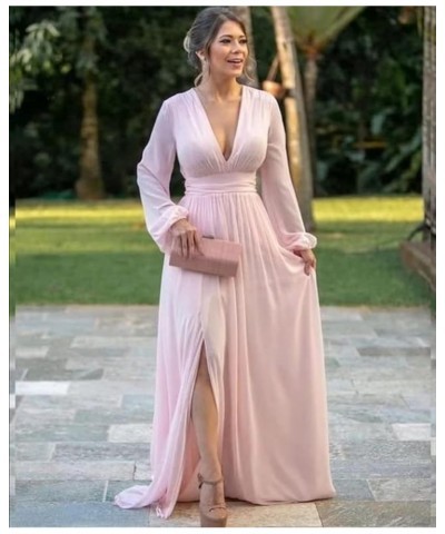 Women's V Neck Bridesmaid Dresses with Long Sleeves Chiffon A Line Formal Dress with Slit 2024 NO093 Yellow $31.89 Dresses