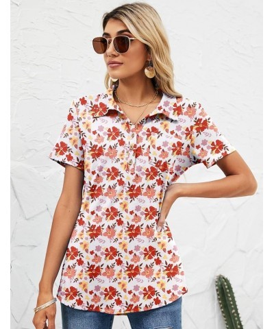 Womens Short Sleeve Polo T Shirts V Neck Business Casual Collared Button Down Tunics Office Work Tops with Pocket Floral Whit...