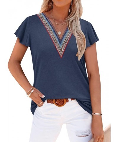 Short Sleeve Lace V Neck Shirts for Women Floral Print Tunic Tops Blouses 2-a-navy $10.00 Tops