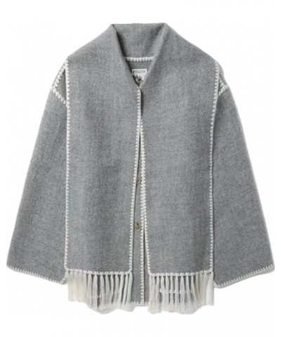 Womens Wool Blend Coat Embroidered Scarf Jacket Oversized Button Down Winter Outerwear with Removable Tassel Scarf Grey $15.9...