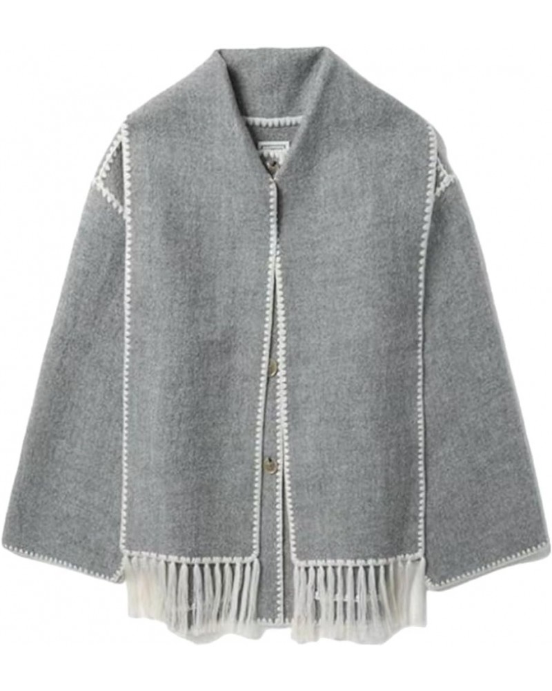 Womens Wool Blend Coat Embroidered Scarf Jacket Oversized Button Down Winter Outerwear with Removable Tassel Scarf Grey $15.9...