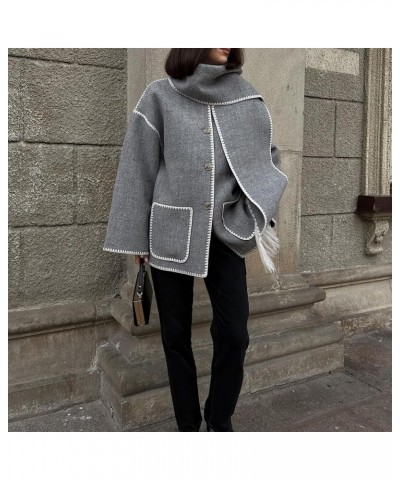 Womens Wool Blend Coat Embroidered Scarf Jacket Oversized Button Down Winter Outerwear with Removable Tassel Scarf Grey $15.9...