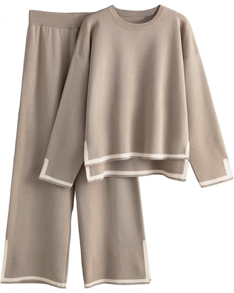 Women's 2 Piece Sweater Sets Long Sleeve Knit Pullover Tops Wide Leg Pants Lounge Set Khaki $29.63 Activewear