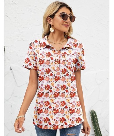 Womens Short Sleeve Polo T Shirts V Neck Business Casual Collared Button Down Tunics Office Work Tops with Pocket Floral Whit...