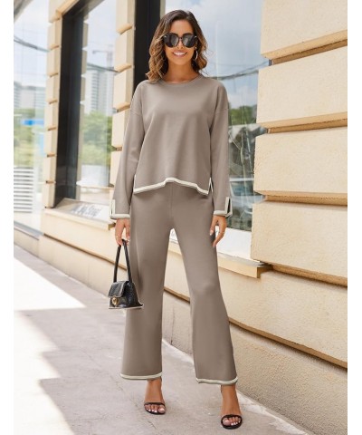 Women's 2 Piece Sweater Sets Long Sleeve Knit Pullover Tops Wide Leg Pants Lounge Set Khaki $29.63 Activewear