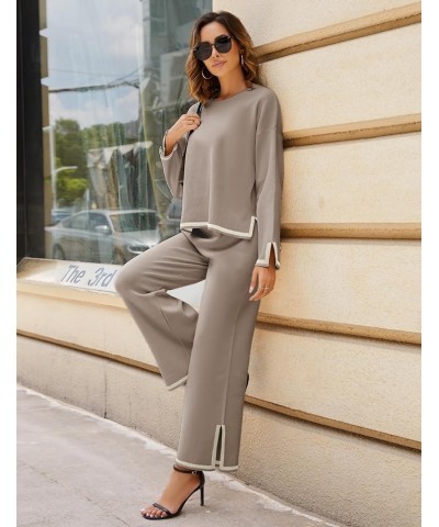 Women's 2 Piece Sweater Sets Long Sleeve Knit Pullover Tops Wide Leg Pants Lounge Set Khaki $29.63 Activewear