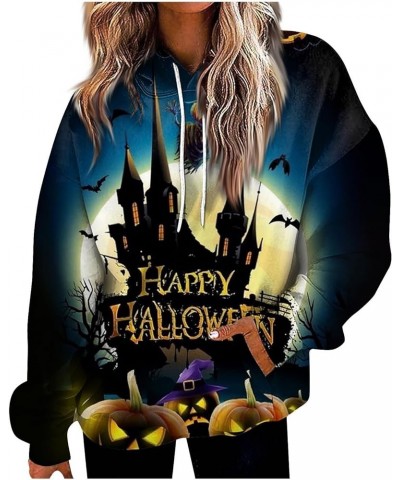 Women's Halloween Graphic Hoodies Fleece Hooded Neck Sweatshirts Casual Long Sleeve Pullover Loose 2023 Fall Tops 02-dark Blu...