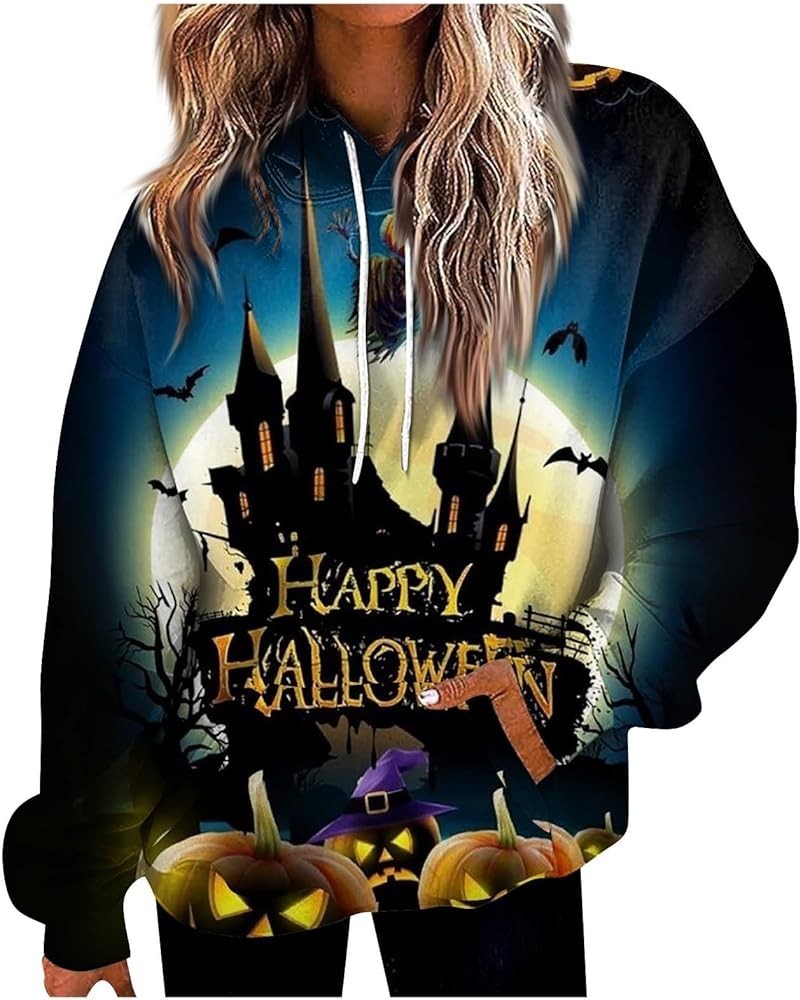 Women's Halloween Graphic Hoodies Fleece Hooded Neck Sweatshirts Casual Long Sleeve Pullover Loose 2023 Fall Tops 02-dark Blu...