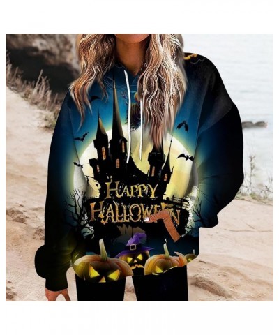 Women's Halloween Graphic Hoodies Fleece Hooded Neck Sweatshirts Casual Long Sleeve Pullover Loose 2023 Fall Tops 02-dark Blu...