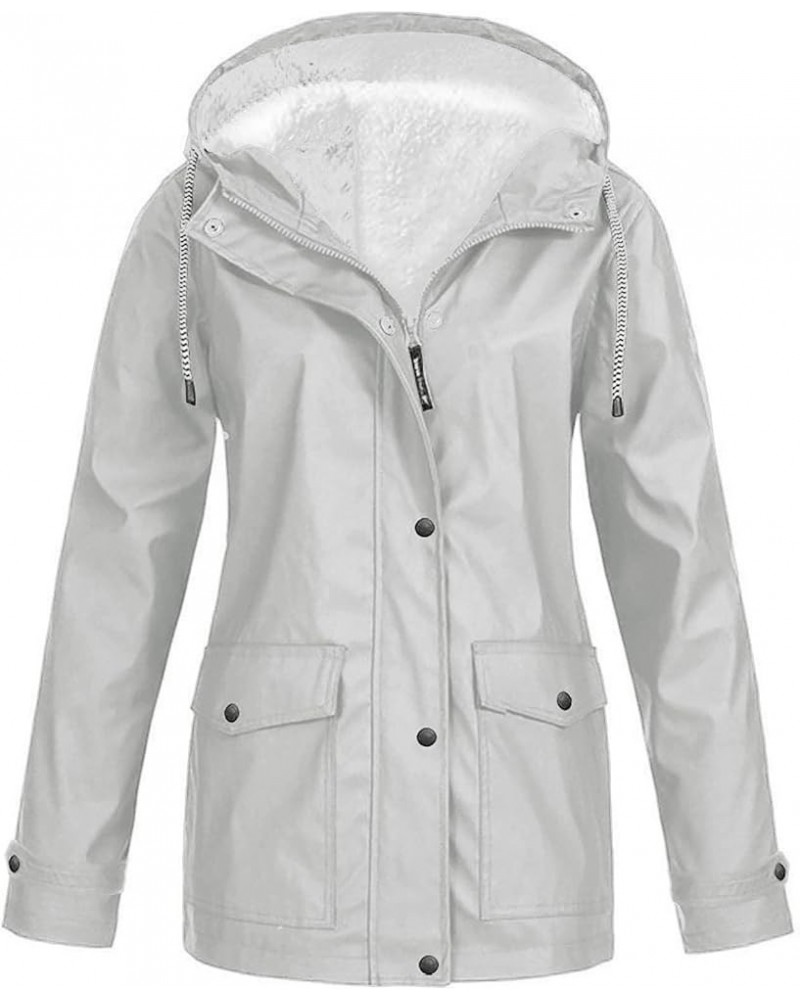 Women Solid Plush Rain Outdoor Plus Size Hooded Raincoat Windproof Jacket Coat Womens Warm up Jacket Grey $22.40 Coats