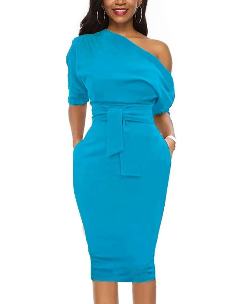 Elegant Womens Wear to Work Casual one Shoulder Belted Pencil Dress with Pockets Blue Turquoise $25.52 Dresses