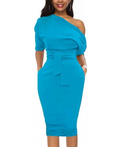 Elegant Womens Wear to Work Casual one Shoulder Belted Pencil Dress with Pockets Blue Turquoise $25.52 Dresses