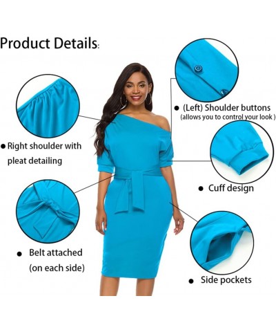 Elegant Womens Wear to Work Casual one Shoulder Belted Pencil Dress with Pockets Blue Turquoise $25.52 Dresses