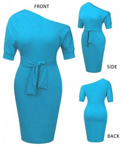 Elegant Womens Wear to Work Casual one Shoulder Belted Pencil Dress with Pockets Blue Turquoise $25.52 Dresses