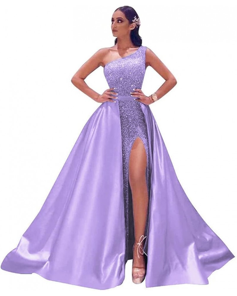 Women's One Shoulder Prom Dresses Long with Detachable Train Satin Sparkly Sequin Ball Gown Formal Dress Slit Lavender $40.85...