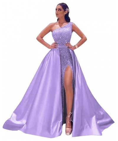 Women's One Shoulder Prom Dresses Long with Detachable Train Satin Sparkly Sequin Ball Gown Formal Dress Slit Lavender $40.85...