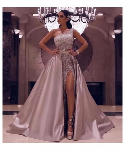 Women's One Shoulder Prom Dresses Long with Detachable Train Satin Sparkly Sequin Ball Gown Formal Dress Slit Lavender $40.85...