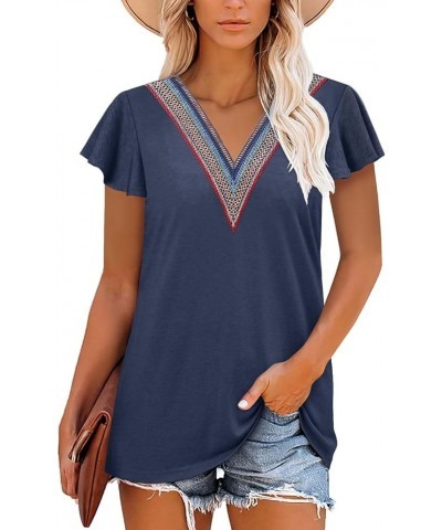 Short Sleeve Lace V Neck Shirts for Women Floral Print Tunic Tops Blouses 2-a-navy $10.00 Tops