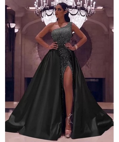 Women's One Shoulder Prom Dresses Long with Detachable Train Satin Sparkly Sequin Ball Gown Formal Dress Slit Lavender $40.85...