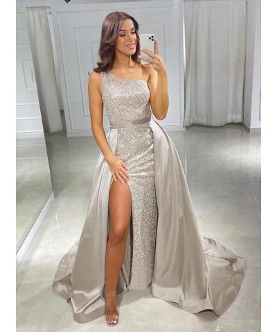 Women's One Shoulder Prom Dresses Long with Detachable Train Satin Sparkly Sequin Ball Gown Formal Dress Slit Lavender $40.85...