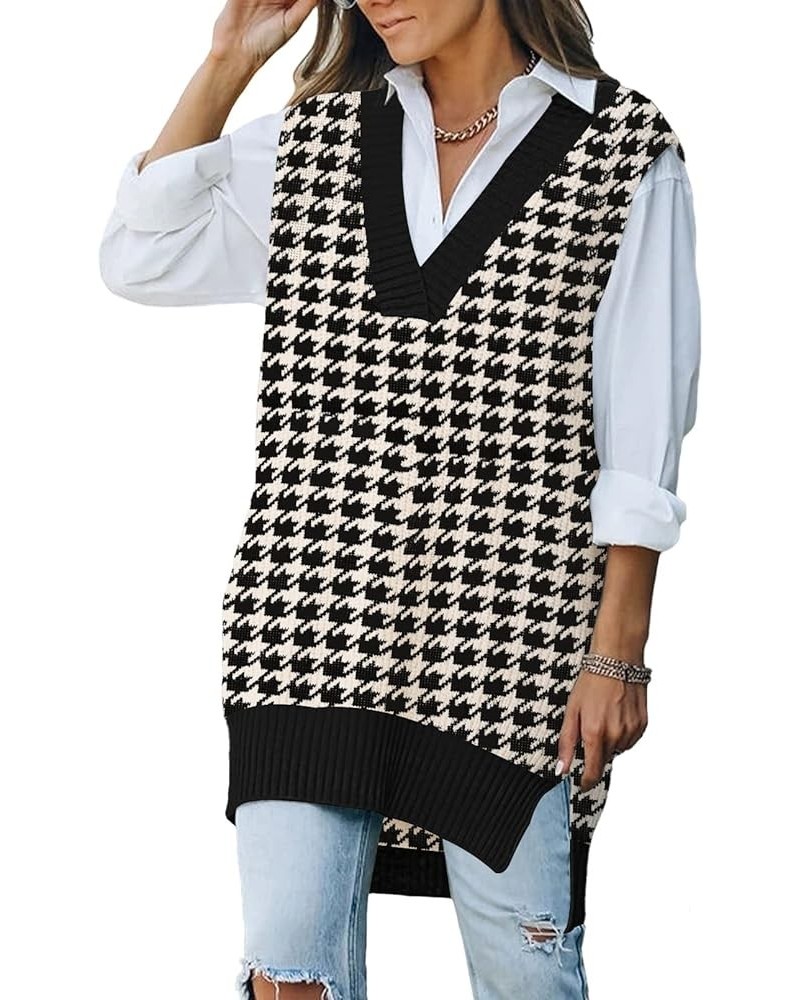 Women's Oversized V Neck Knitted Sweater Vest Casual Loose Sleeveless Sweater Pullover 01-black Houndstooth $20.13 Sweaters