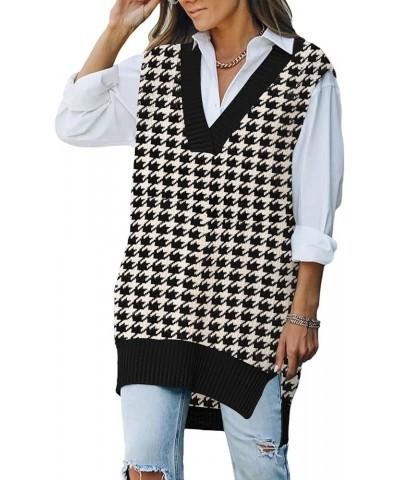 Women's Oversized V Neck Knitted Sweater Vest Casual Loose Sleeveless Sweater Pullover 01-black Houndstooth $20.13 Sweaters