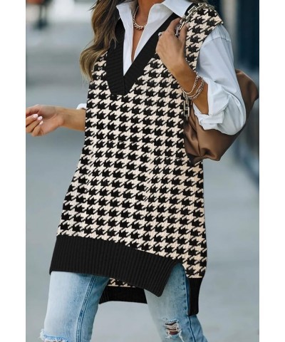 Women's Oversized V Neck Knitted Sweater Vest Casual Loose Sleeveless Sweater Pullover 01-black Houndstooth $20.13 Sweaters