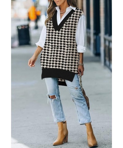 Women's Oversized V Neck Knitted Sweater Vest Casual Loose Sleeveless Sweater Pullover 01-black Houndstooth $20.13 Sweaters