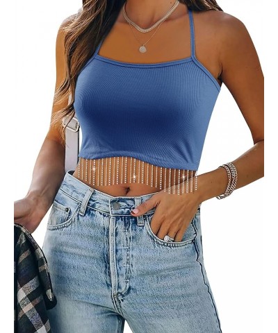 Womens Rhinestone Fringe Cami Nashville Crop Tops Sparkly Y2K Spaghetti Glitter Tassel Sleeveless Cropped Tank Tops Blue $14....