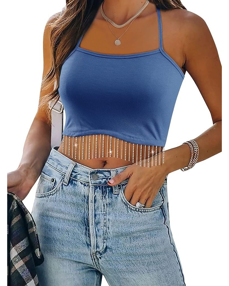 Womens Rhinestone Fringe Cami Nashville Crop Tops Sparkly Y2K Spaghetti Glitter Tassel Sleeveless Cropped Tank Tops Blue $14....