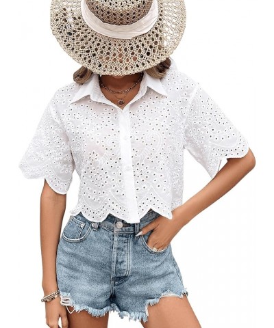 Women's Short Sleeve Button Down Eyelet Crochet Shirt Asymmetrical Hem Crop Top Blouse White $15.98 Blouses