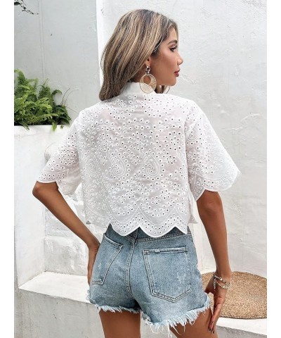 Women's Short Sleeve Button Down Eyelet Crochet Shirt Asymmetrical Hem Crop Top Blouse White $15.98 Blouses