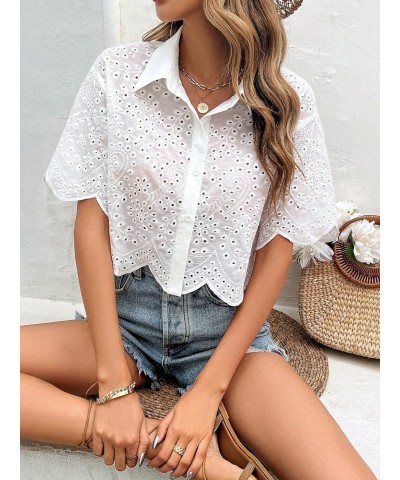 Women's Short Sleeve Button Down Eyelet Crochet Shirt Asymmetrical Hem Crop Top Blouse White $15.98 Blouses