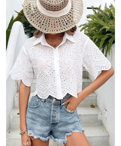 Women's Short Sleeve Button Down Eyelet Crochet Shirt Asymmetrical Hem Crop Top Blouse White $15.98 Blouses